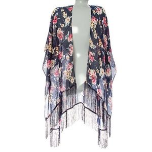 NWT navy floral fringe kimono